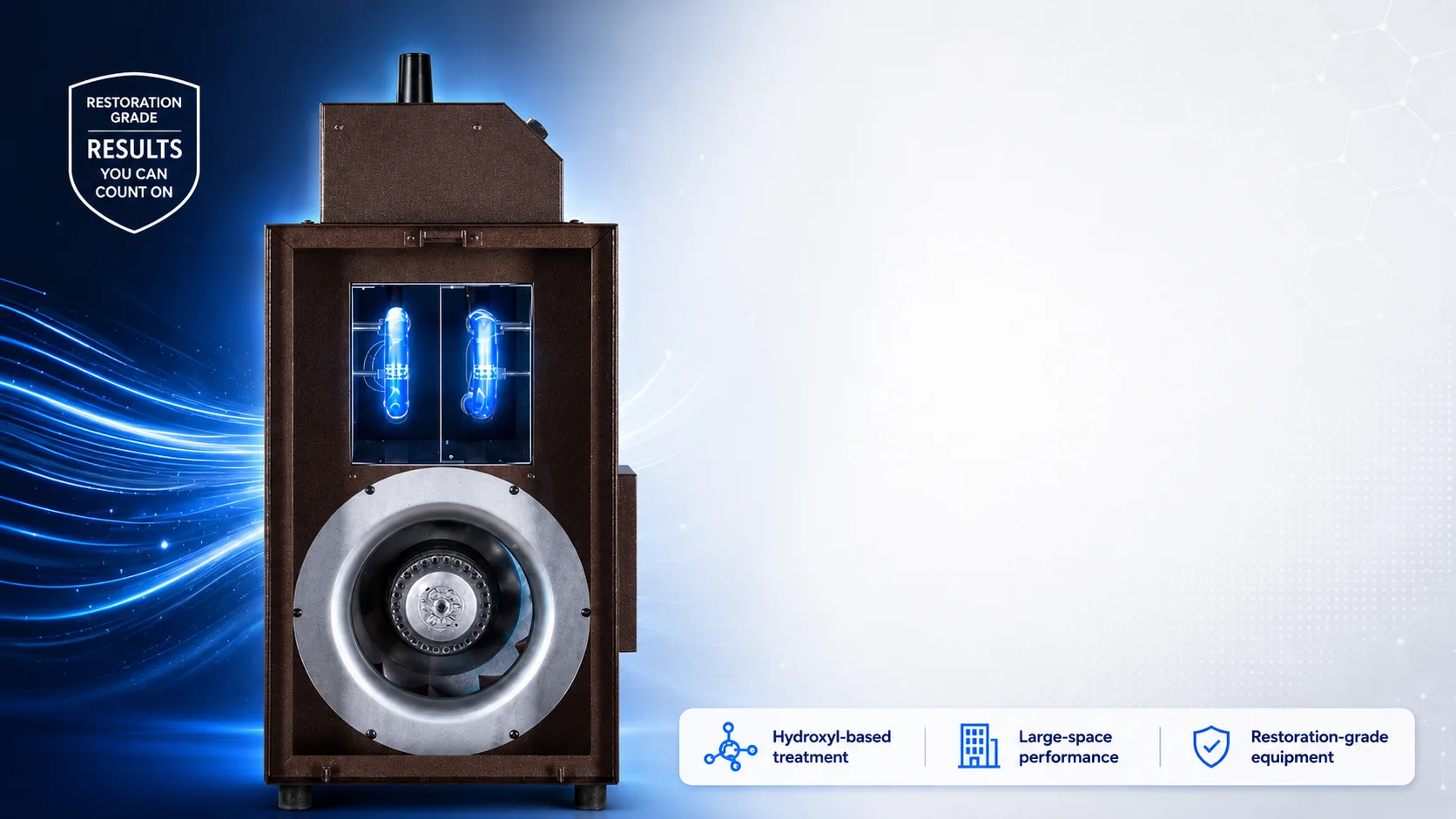Boss XL3 Odorox hydroxyl generator with its blue light chamber glowing and the blower assembly, blue airflow streaks to the left.
