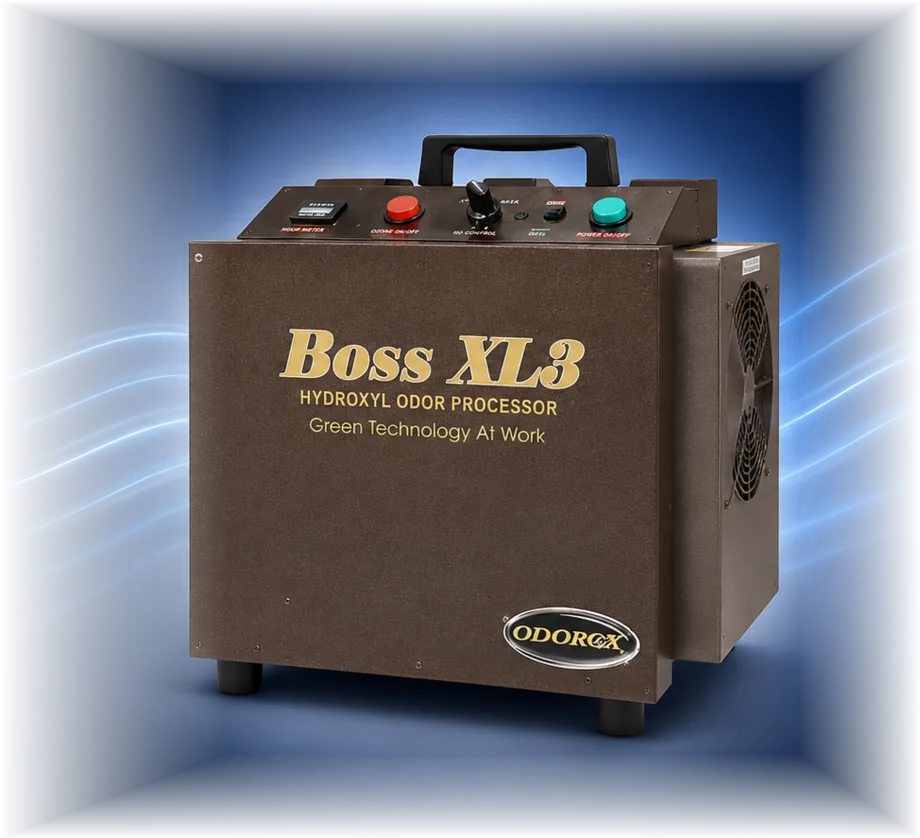 Boss XL3 Odorox hydroxyl odor processor available to rent in Las Vegas, shown at an angle with airflow.