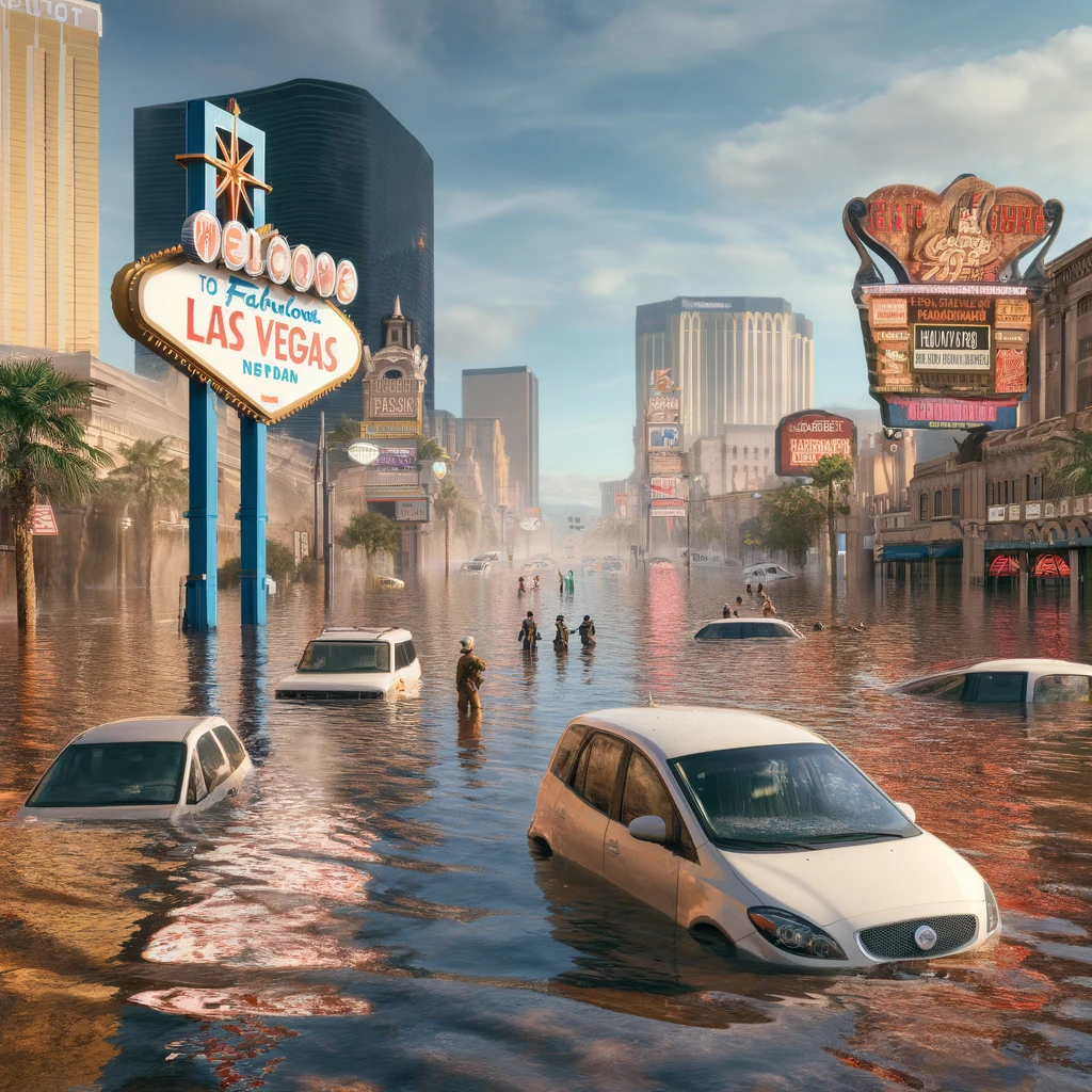 hyper realistic photo of flash flood in Las Vegas street