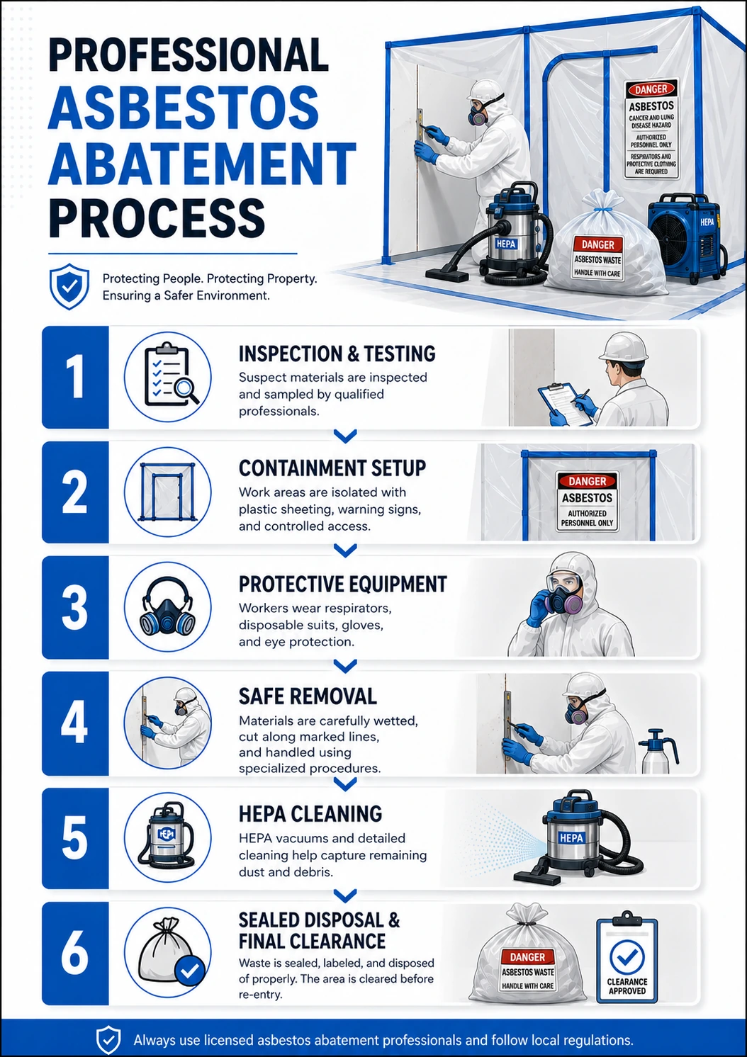 Infographic of the professional asbestos abatement process from containment through clearance